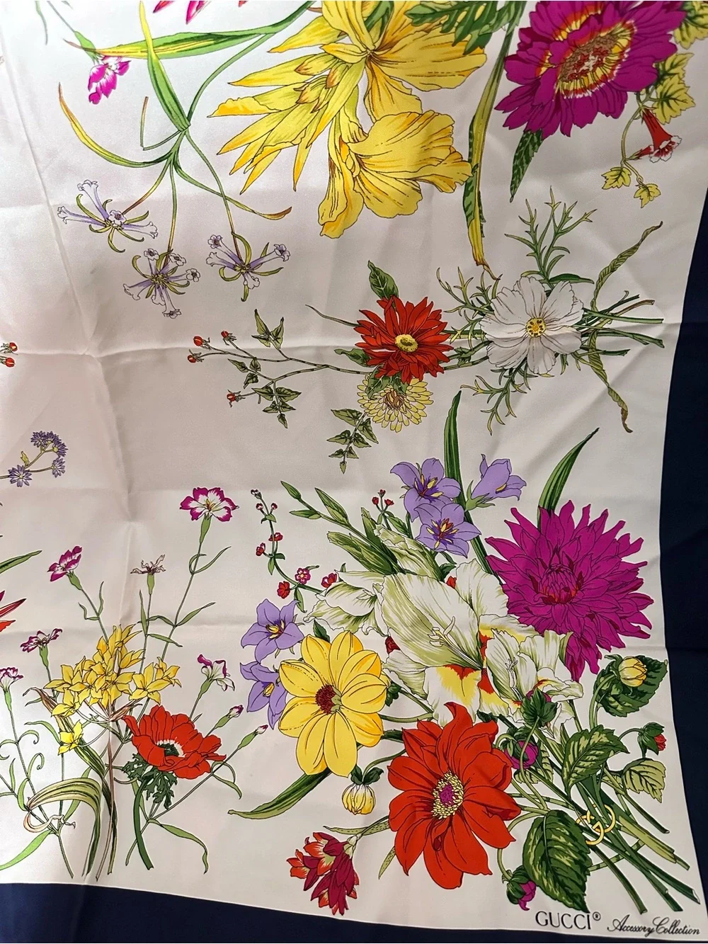 Gucci Floral Silk Scarf in White with Red, Yellow & Purple Blooms